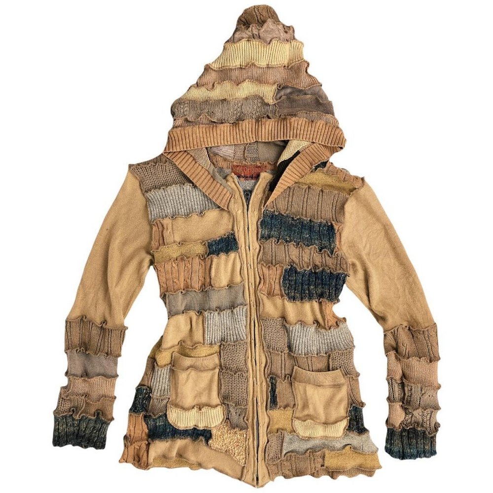 🍓HANDMADE ONE OF A KIND PATCHWORK GOBLIN CORE BROWN KNIT ZIP-UP HOODIE🍓